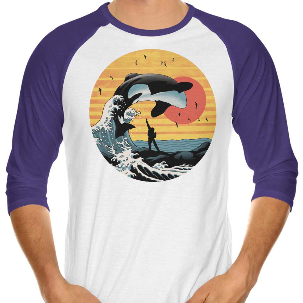 XENOS 3/4 Sleeve Raglan T-Shirt with The Great Whale Off Kanagawa Design