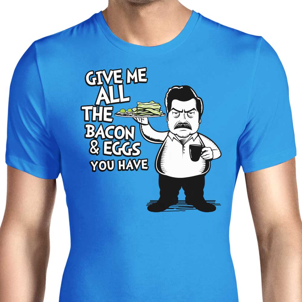 Tom Trager's Men's Bacon and Eggs T-Shirts in Various Sizes