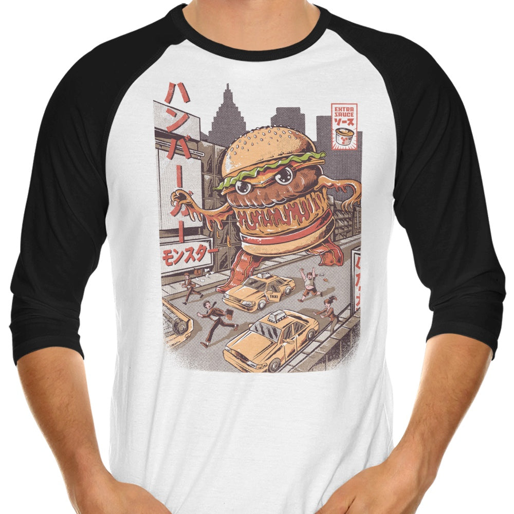 Burgerzilla 3/4 Sleeve Raglan Casual T-Shirt by Ilustrata