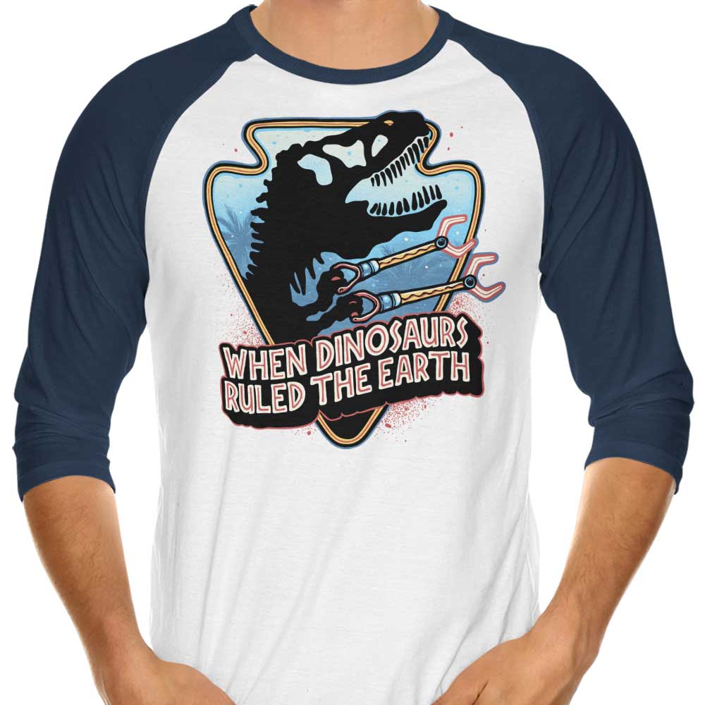 Glitchygorilla's 'When Dinosaurs Ruled the Earth' 3/4 Sleeve Raglan Stylish T-Shirt