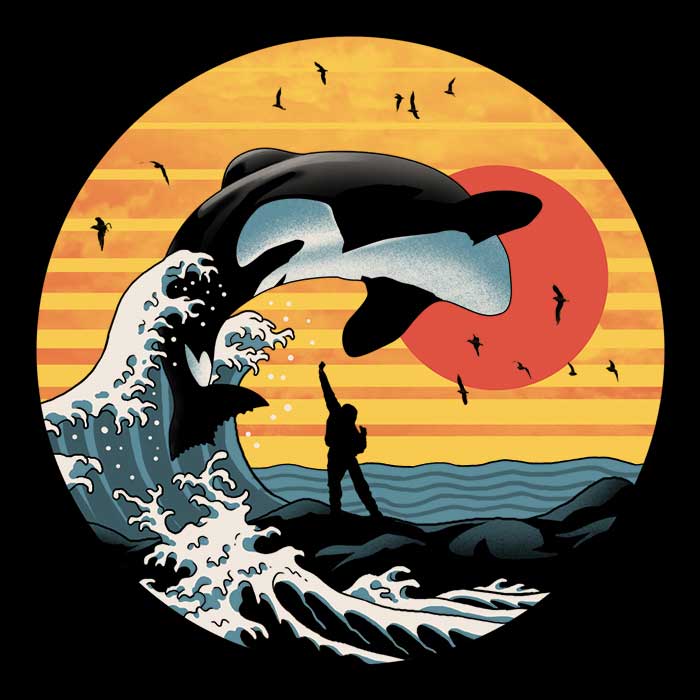 XENOS 3/4 Sleeve Raglan T-Shirt with The Great Whale Off Kanagawa Design