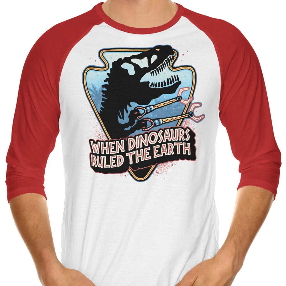 Glitchygorilla's 'When Dinosaurs Ruled the Earth' 3/4 Sleeve Raglan Stylish T-Shirt