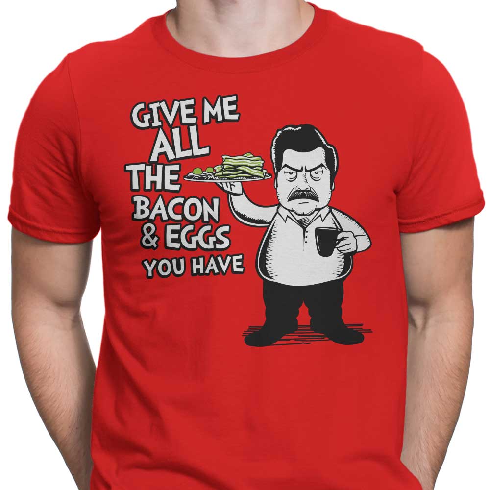 Tom Trager's Men's Bacon and Eggs T-Shirts in Various Sizes
