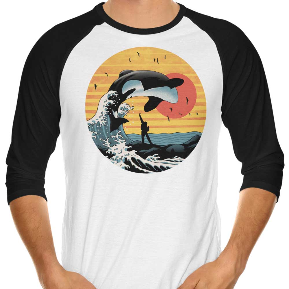 XENOS 3/4 Sleeve Raglan T-Shirt with The Great Whale Off Kanagawa Design