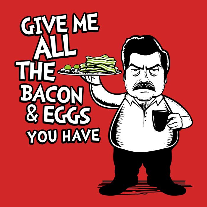 Tom Trager's Men's Bacon and Eggs T-Shirts in Various Sizes