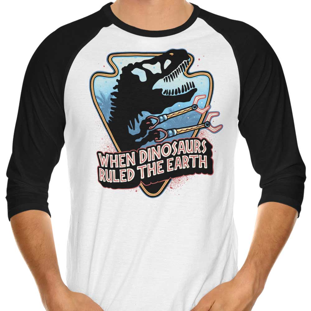 Glitchygorilla's 'When Dinosaurs Ruled the Earth' 3/4 Sleeve Raglan Stylish T-Shirt