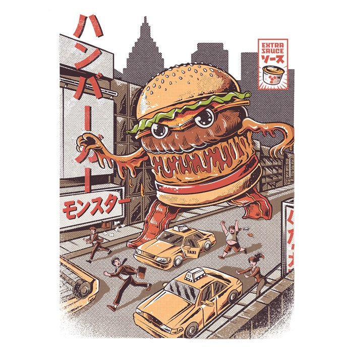 Burgerzilla 3/4 Sleeve Raglan Casual T-Shirt by Ilustrata